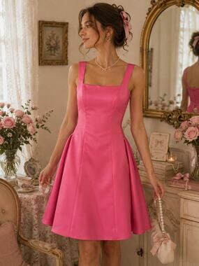 A-line Bateau Coquette Inspired Vibrant Satin Fit-and-Flare Dress | Size 0